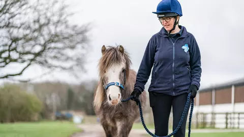 Grey pony Leo walks along a tree-lined track with his Blue Cross handler